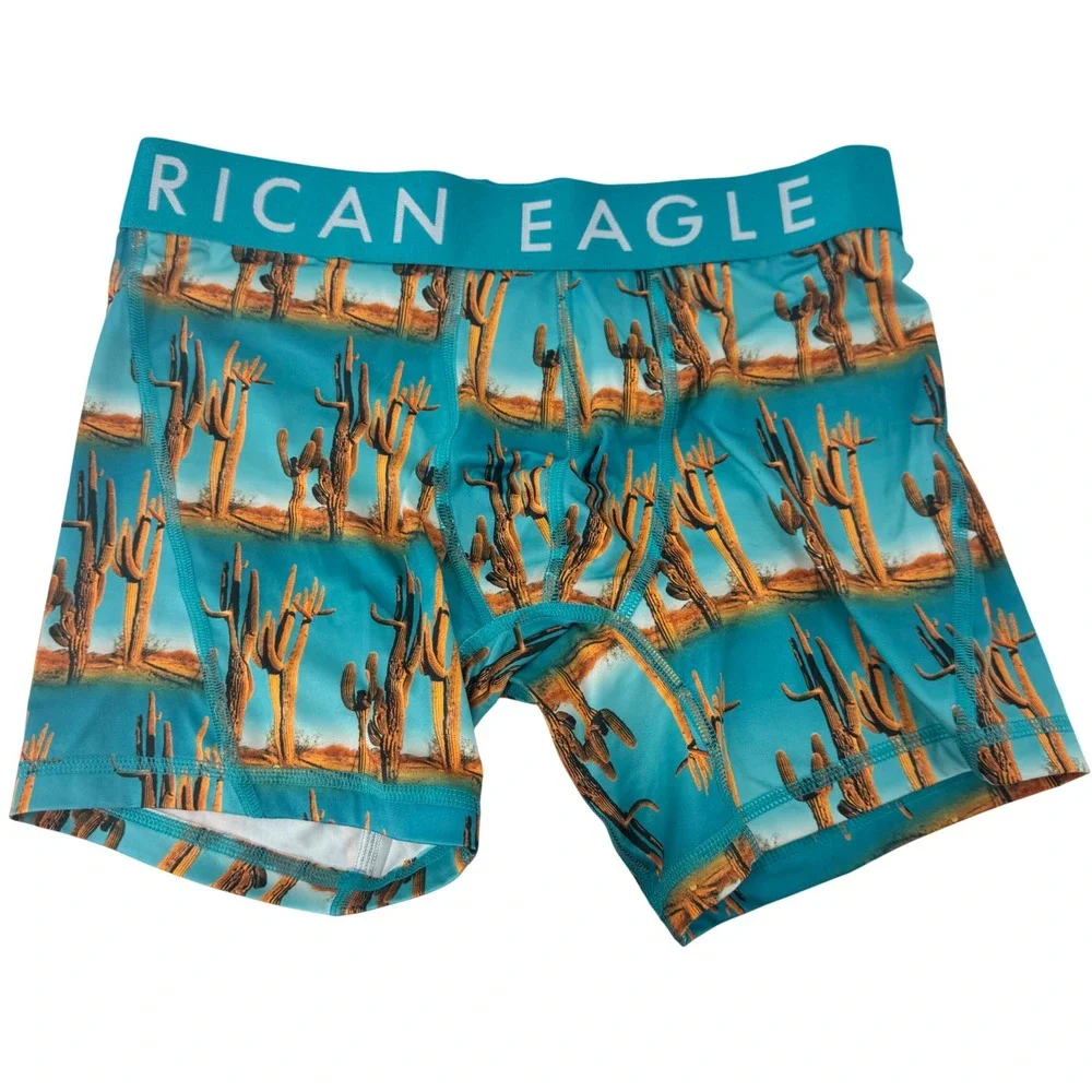 American Eagle Flex Mens Boxer Briefs S Desert Cactus Print Turquoise‎ Blue